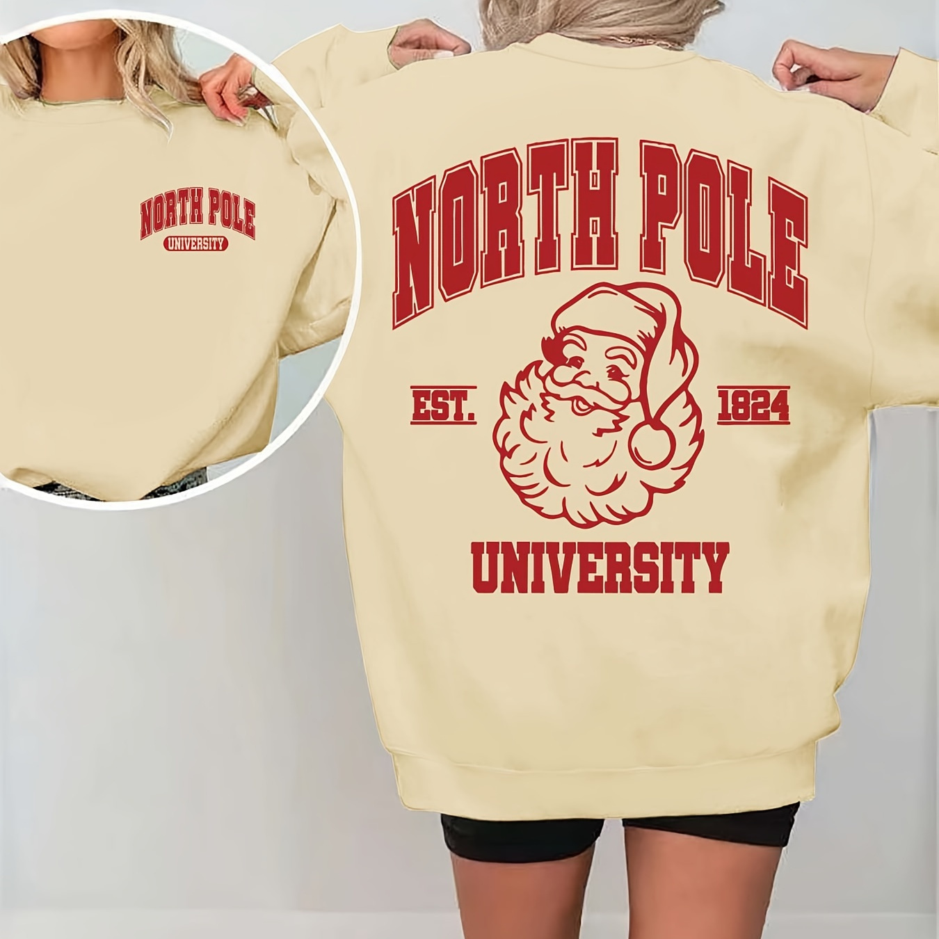 

University Christmas Sweatshirt - 100% Polyester Crew Neck Casual Sweatshirt For Women, Knit Fabric, Fall/winter Collection