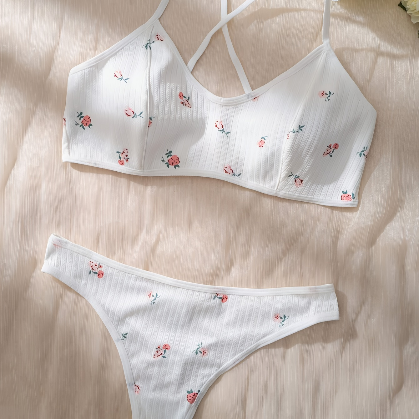 

Elegant Ribbed Floral Print Breathable Bra & Panty, Cross Straps Bra & Thong Lingerie Set, Women's Lingerie & Underwear