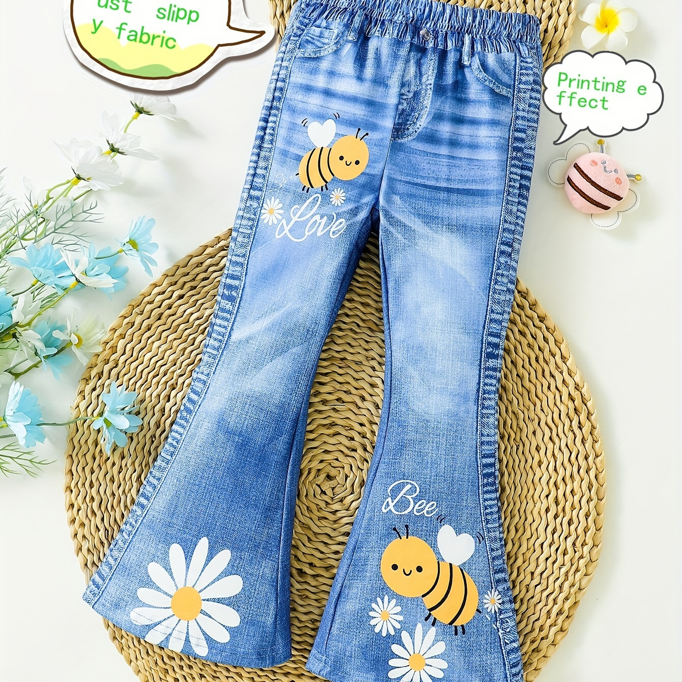

Cartoon Bee Graphic Imitation Denim Print Flare Pants For Girls Outdoor Gift Party