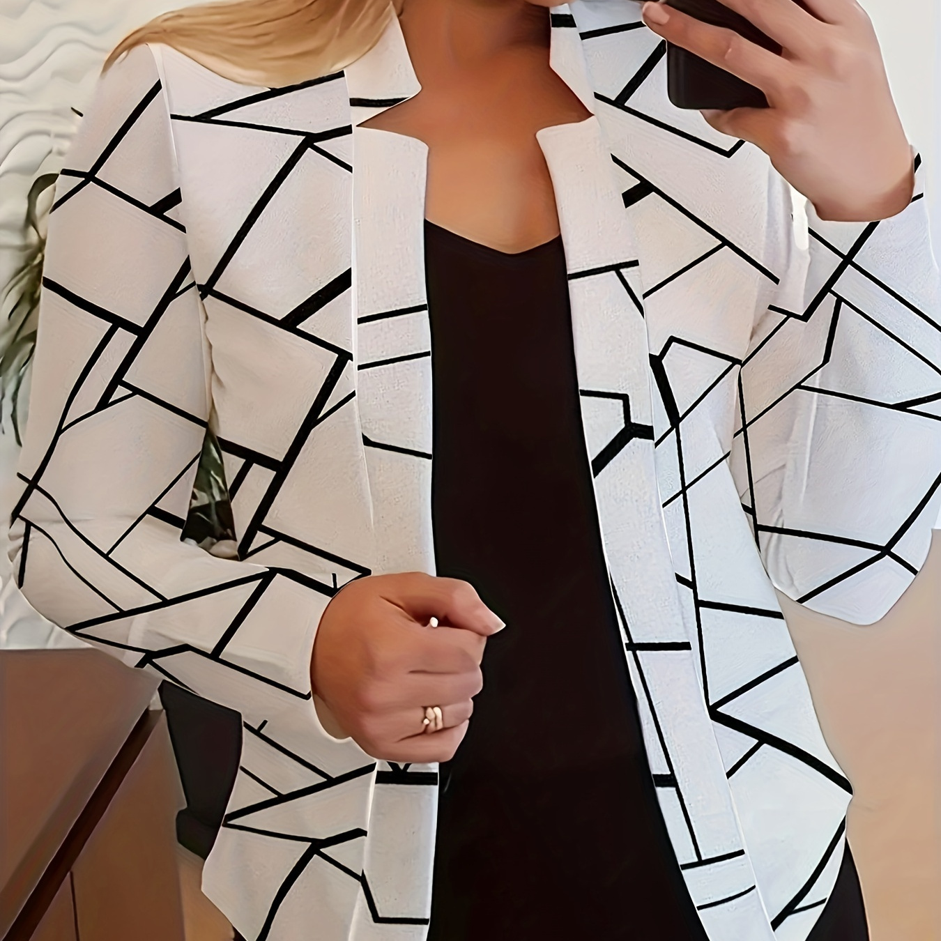 Geo Print Simple Blazer, Casual Open Front Long Sleeve Outerwear, Women's Clothing