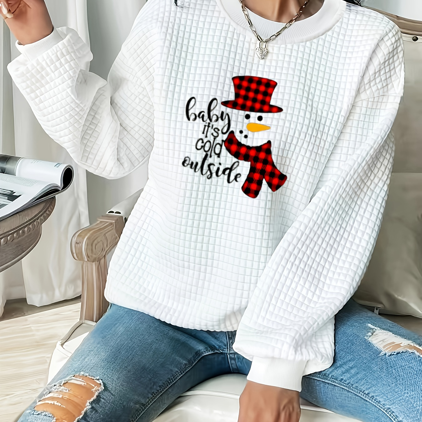 

Plus Size Snowman Print Sweatshirt, Crew Neck Casual Sweatshirt For Fall & Spring, Women's Plus Size Clothing