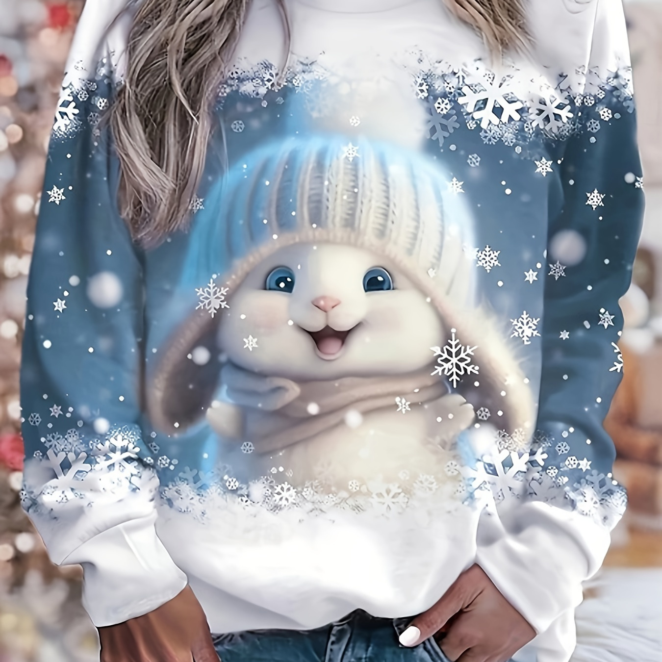 

Women's Christmas Casual Sweatshirt - Cute Bunny Graphic, Crew Neck, Long Sleeve, Polyester & Spandex , Knit Fabric, Holiday Pattern -