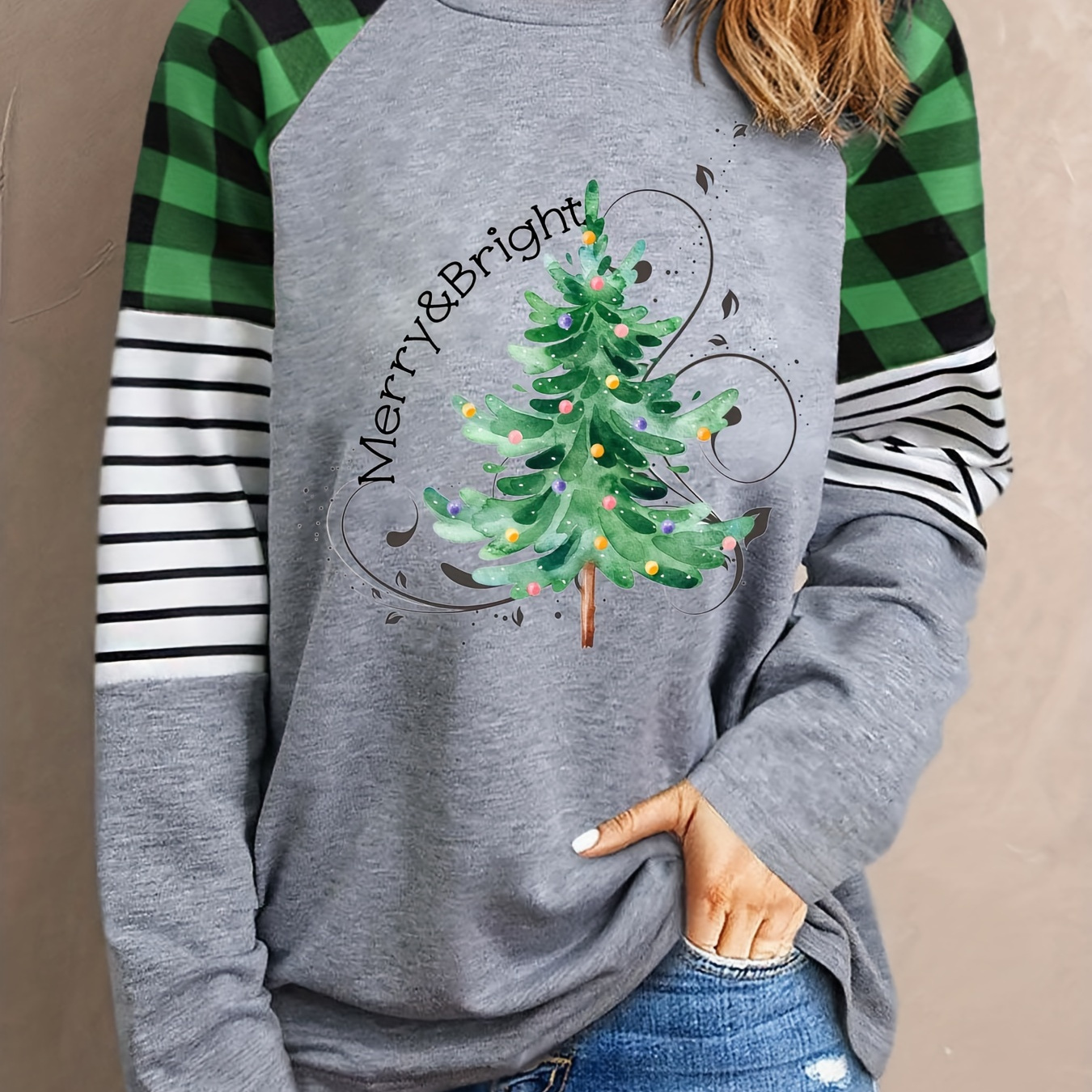 

Christmas Tree Print Crew Neck T-shirt, Casual Long Sleeve Top For Spring & Fall, Women's Clothing