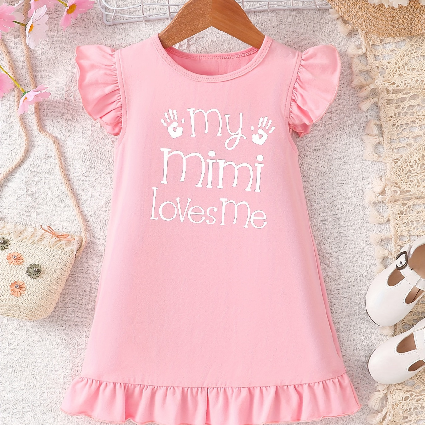 

Graffiti My Mimi Loves Me And Hand Prints Graphic Print, Baby Girls' Casual Stylish Crew Neck Ruffle Trim Cotton Dress For Spring & Summer, Toddler Girls' Clothes