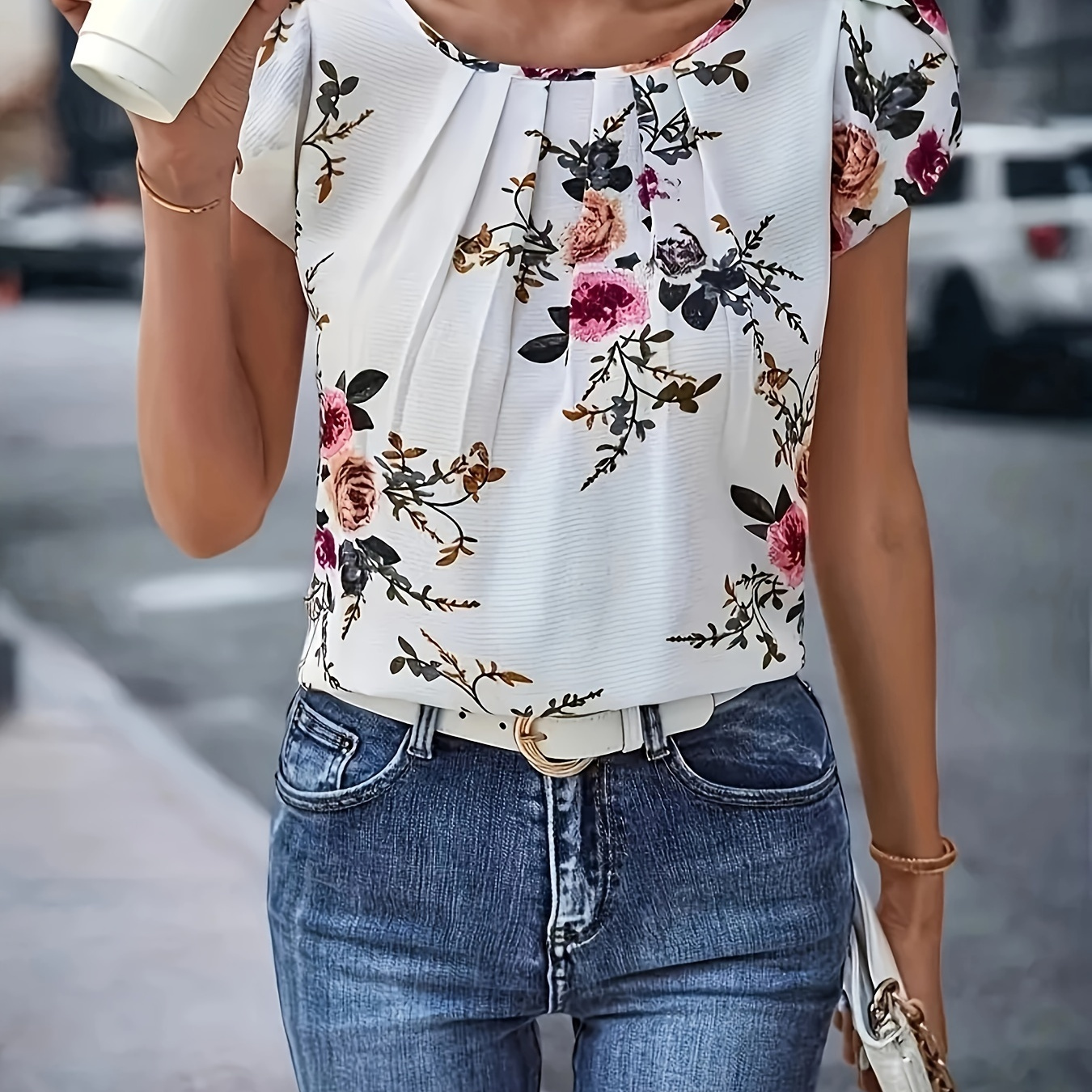 

Floral Print Crew Neck Pleated Blouse, Casual Petal Sleeve Blouse For Spring & Summer, Women's Clothing