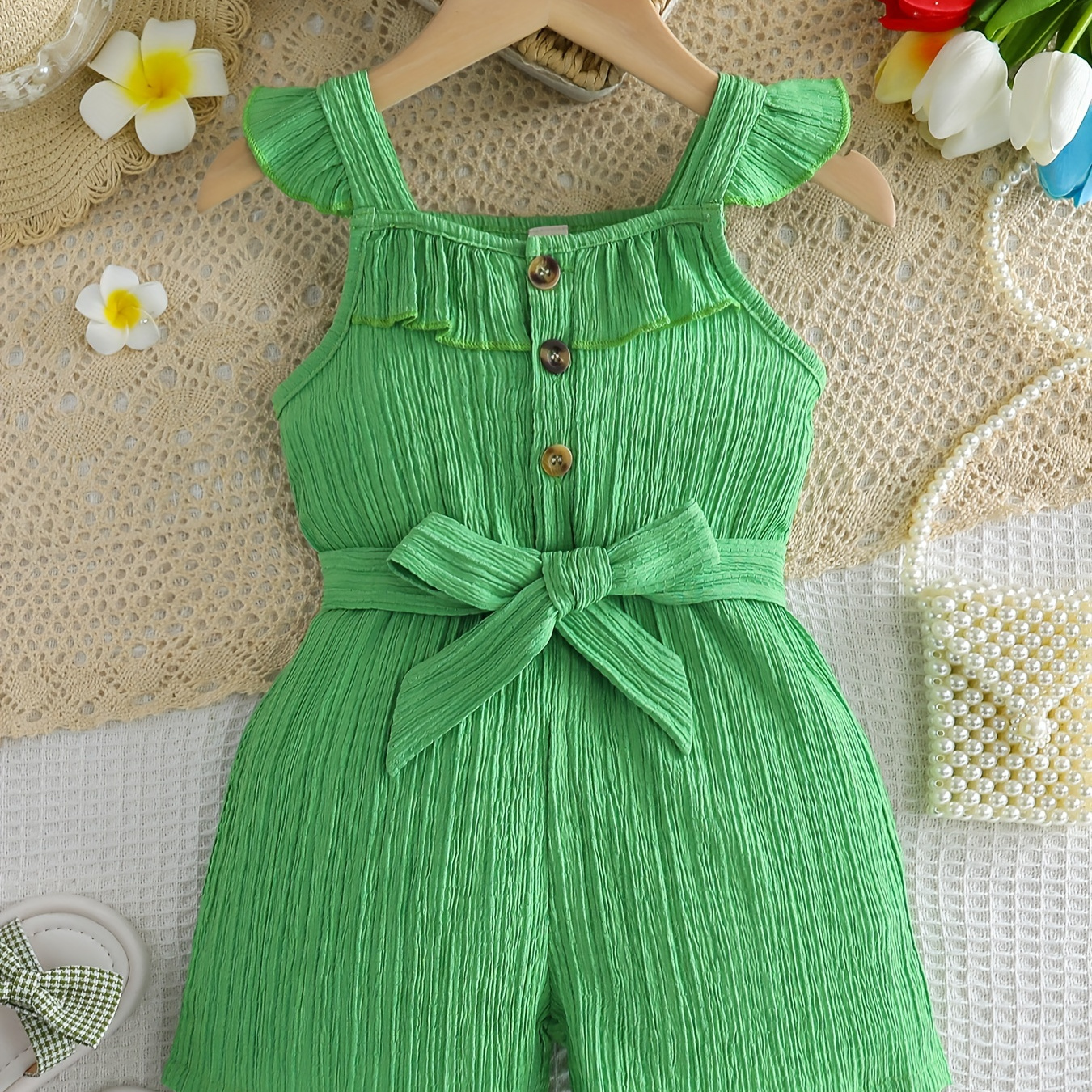 

Girls Comfy Solid Button Decor Ruffle Trim Strapped Jumpsuit Romper For Summer Holiday Gift Party Outdoor