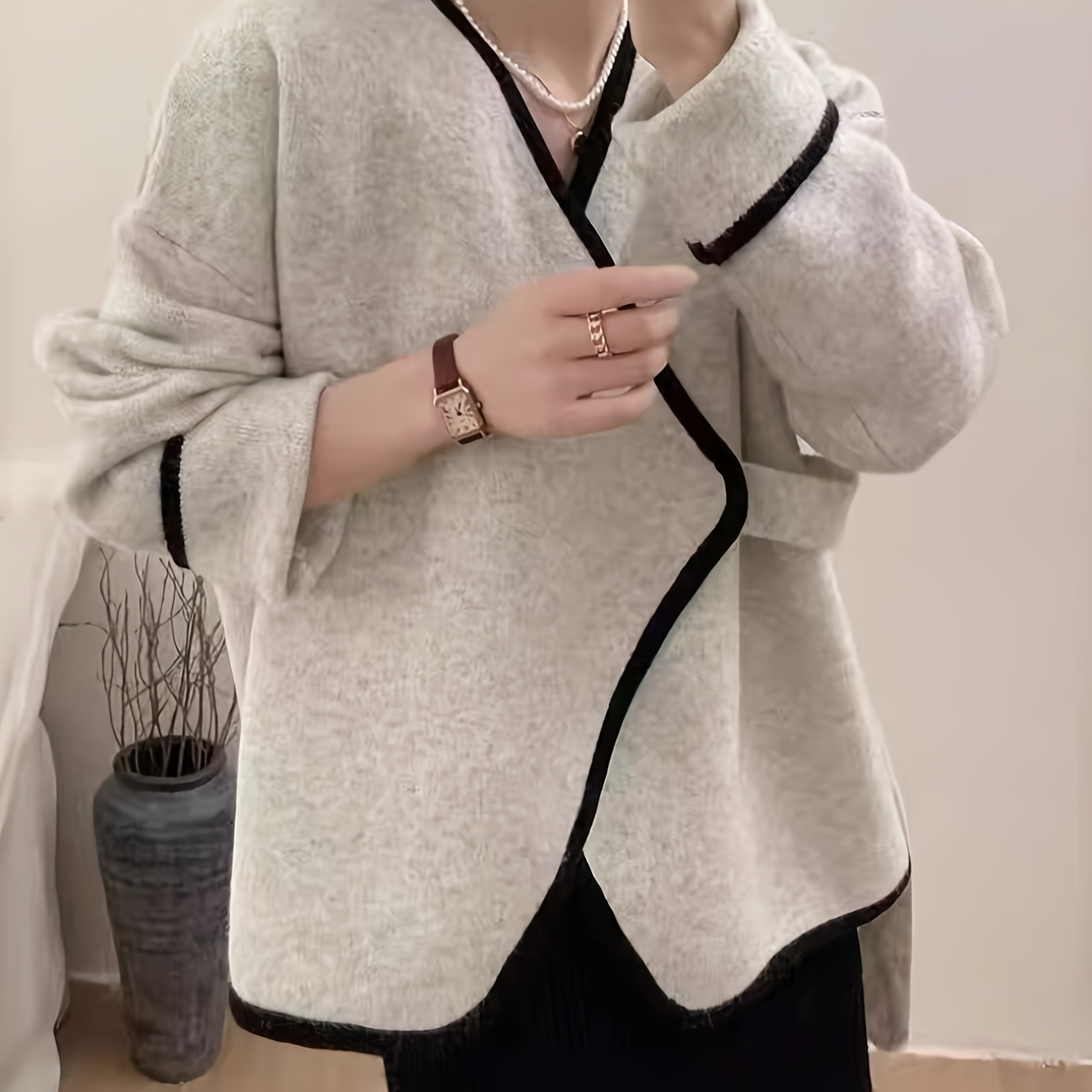 

Pull boutonné contrasté à encolure dégagée, cardigan décontracté à manches longues pour l'automne et l'hiver, vêtements pour femmes