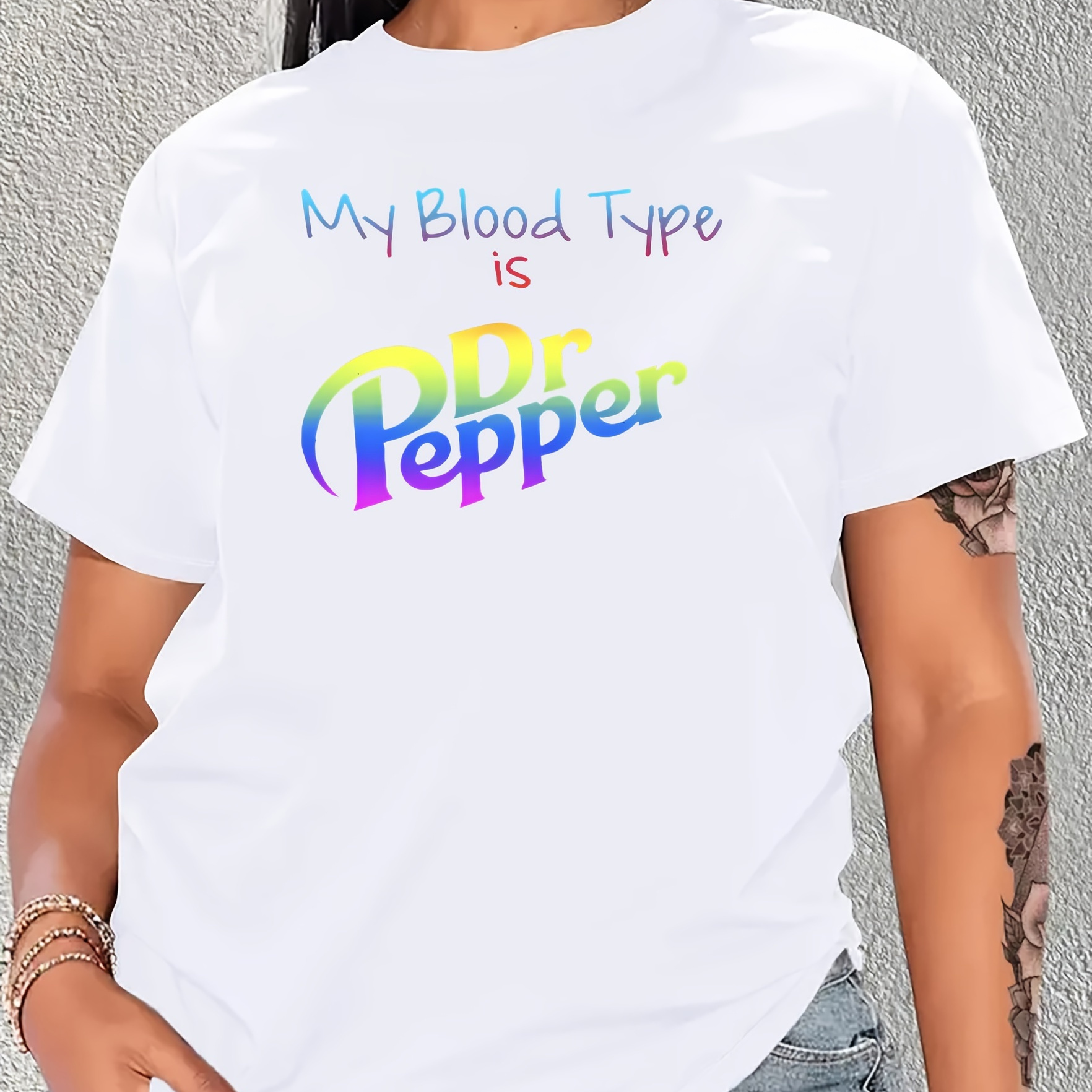 

Women's Casual Short Sleeve T-shirt With "my Blood Type Is Dr Pepper" Letter Print, Relaxed Fit, Crew Neck, Top, Versatile Sporty Style