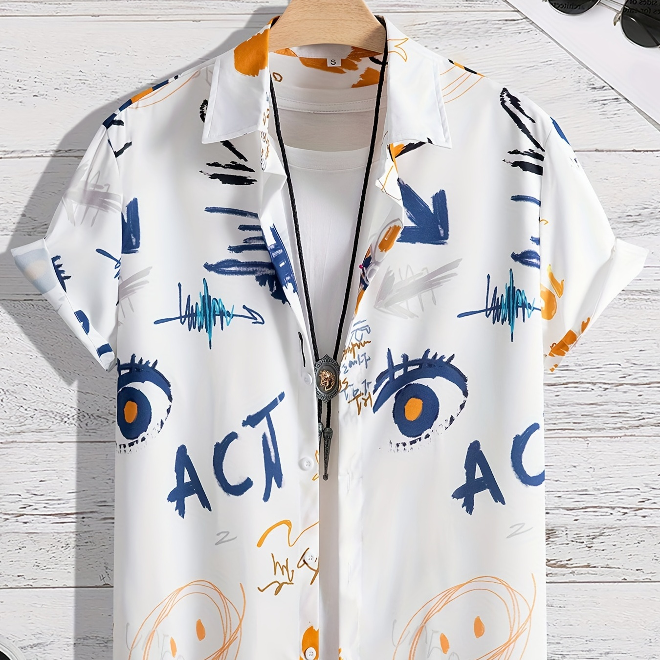 

Doodle Eye Hawaiian Shirt With Chest Pocket, Men's Casual Button Up Short Sleeve Shirt For Summer Vacation Resort