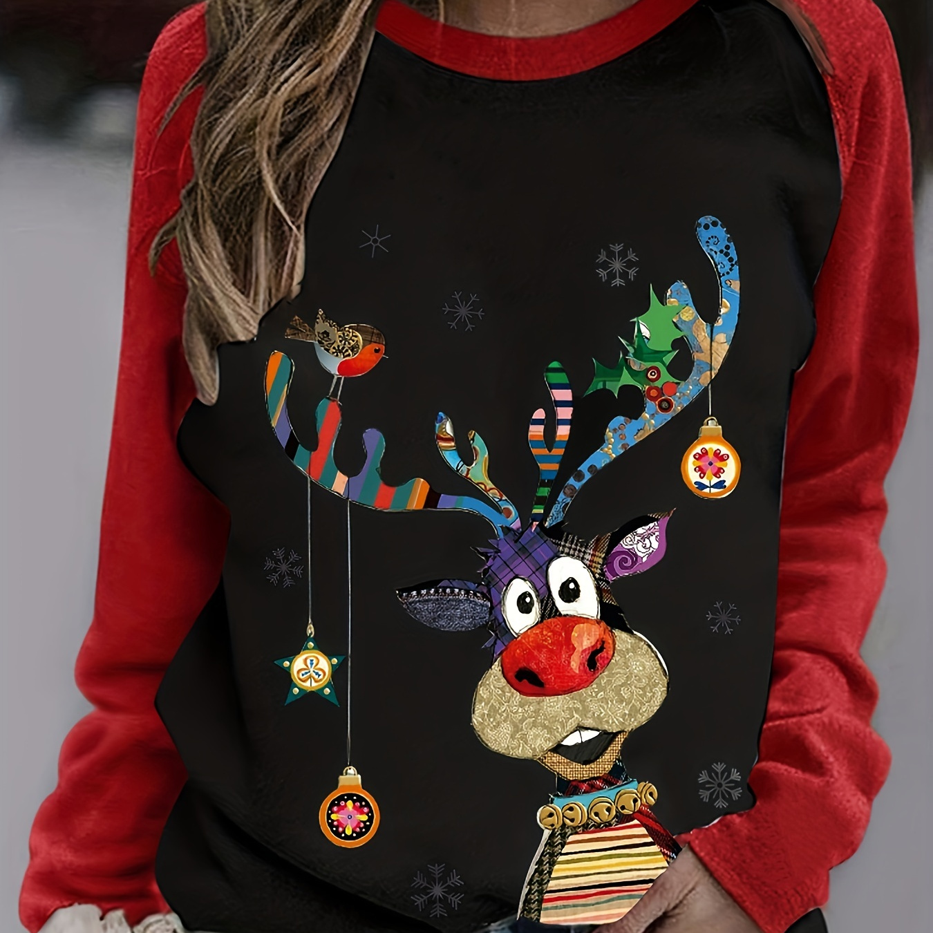 

Merry Christmas Print Long Sleeve T-shirt, Crew Neck Color Block Top For Fall & Winter, Women's Clothing