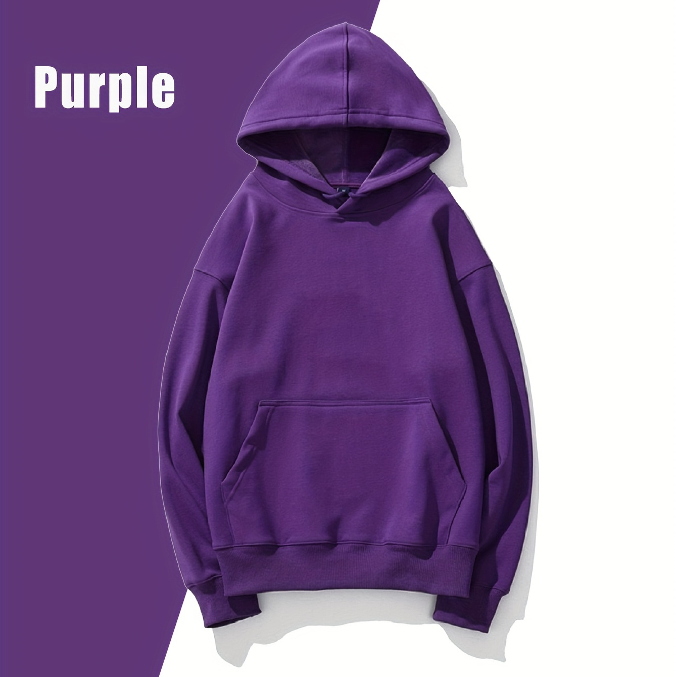 

1pc Men's Casual Purple Hoodie - Solid Color Polyester Knit Pullover With Kangaroo Pocket, Long Sleeve Hooded Sweatshirt For Spring And Autumn