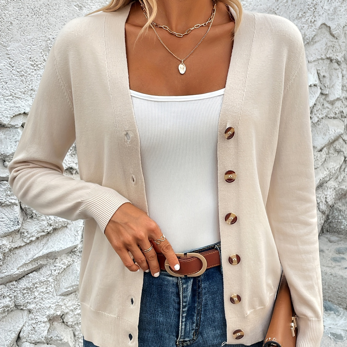 

Solid Color Button Front Top, Elegant V Neck Long Sleeve Cardigans Top For Every Day, Women's Clothing