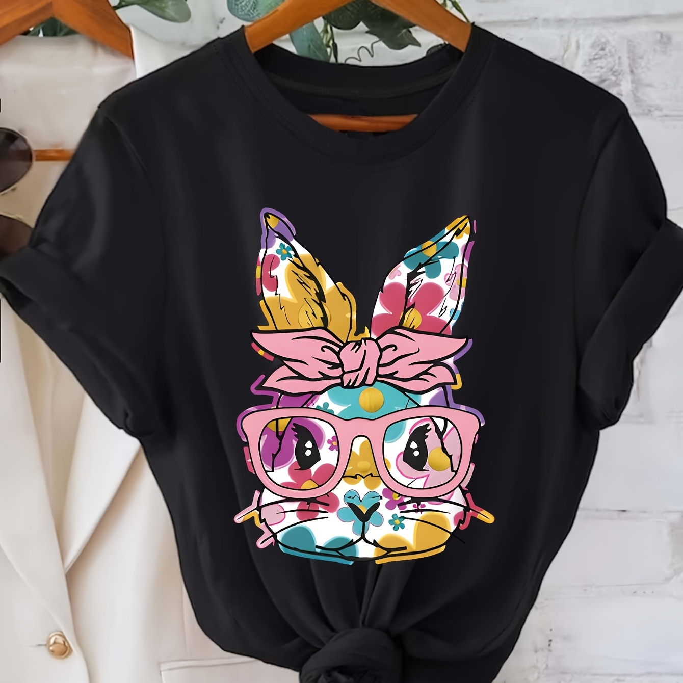 

Women's Vibrant Bunny Graphic T-shirt - Short Sleeve, Crew Neck, Casual Polyester Top With Rabbit Design, , Seasonal Fashion|graphic Tee|