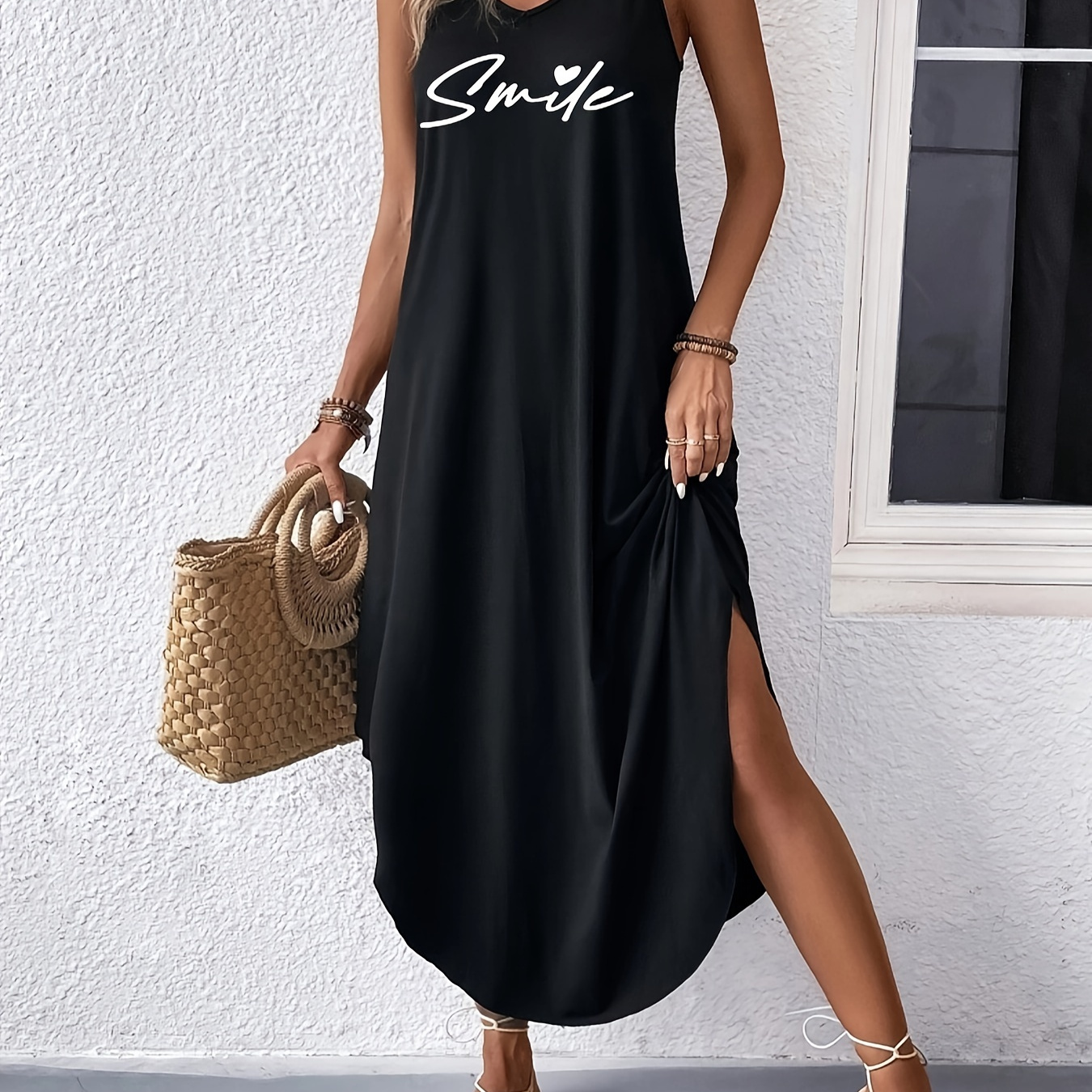 

Smile Print Sleeveless Dress, Elegant Split Tank Dress For Spring & Summer, Women's Clothing