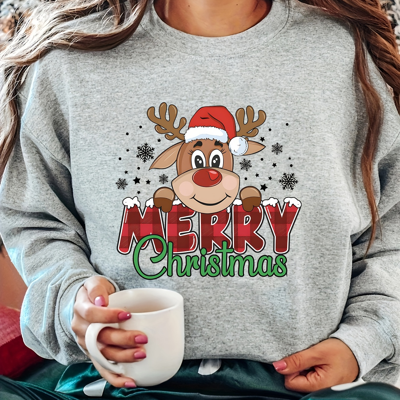 

Christmas Reindeer Crew Neck Sweatshirt - 100% Polyester, Knit Fabric, Comfort-
