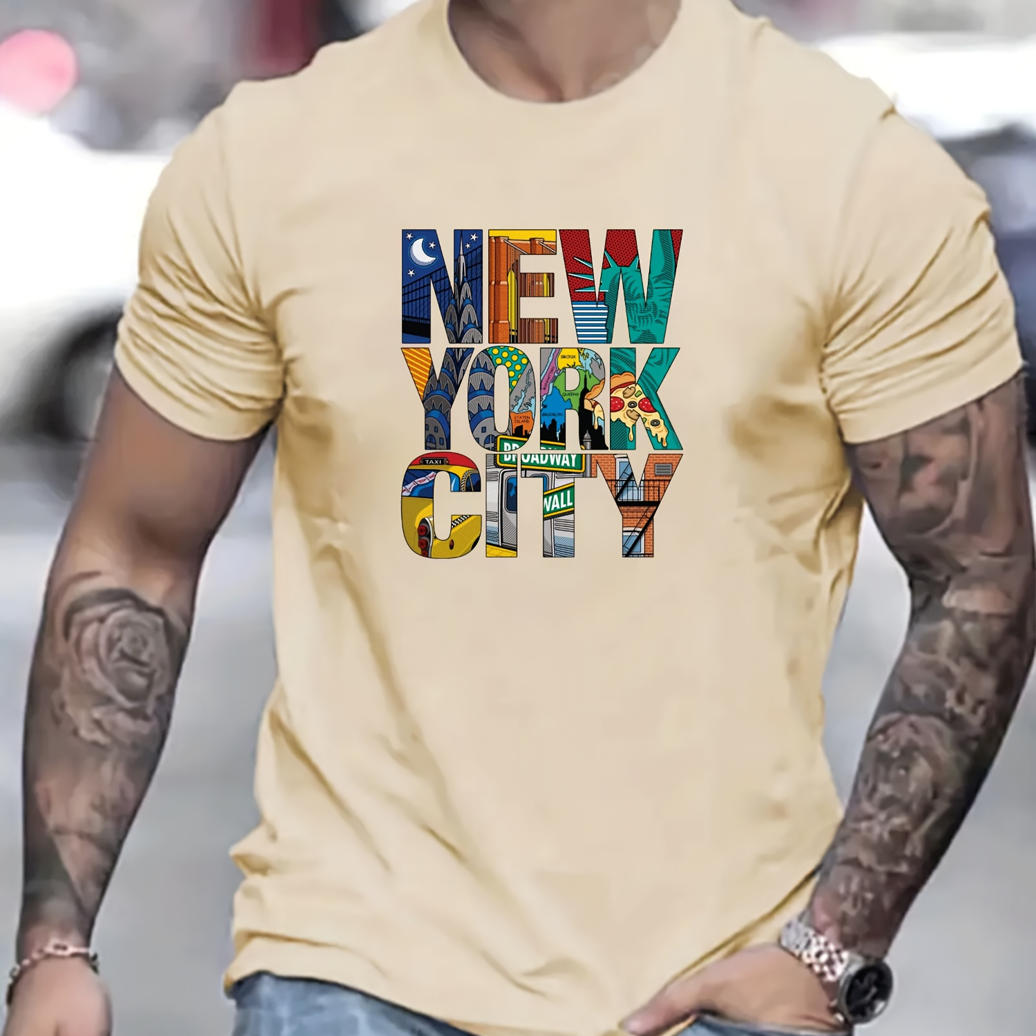 

Creative "new York City" Print T-shirt, Men's Casual Street Style Stretch Round Neck Tee Shirt For Summer