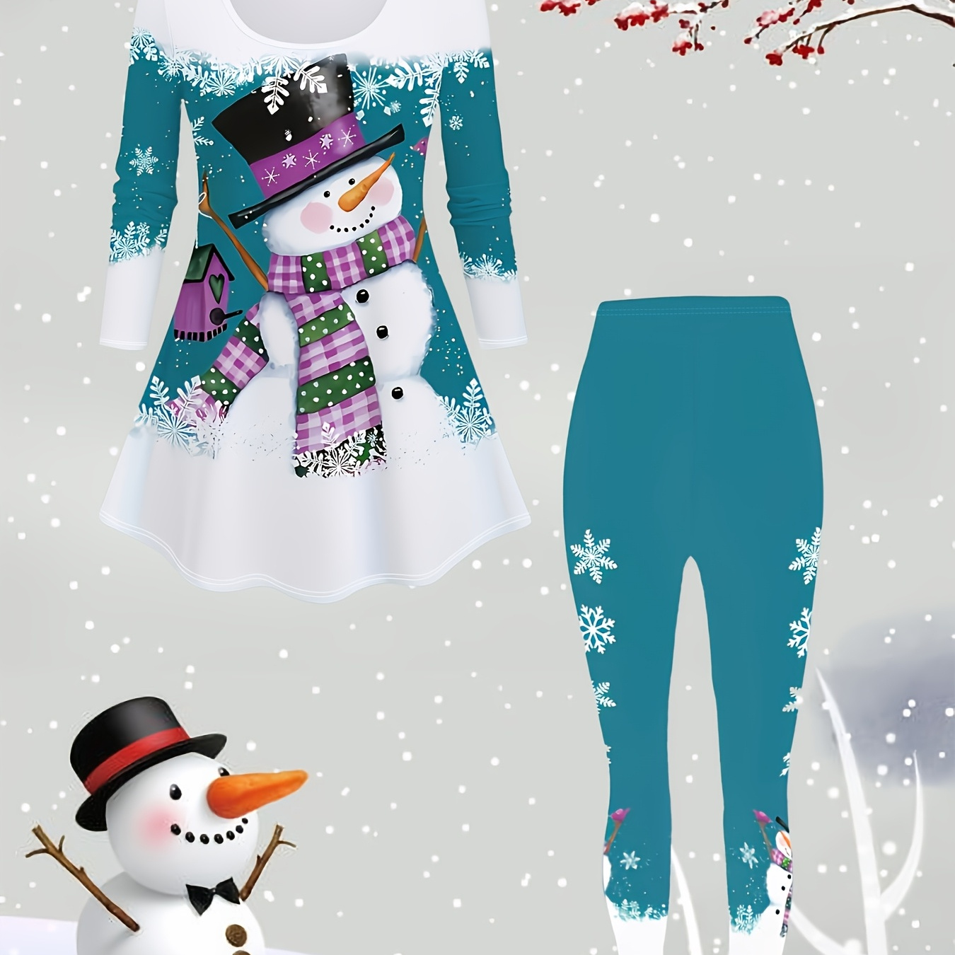 

Plus Size Christmas Snowman Print Two-piece Set, Crew Neck Long Sleeve Top & Pants Outfits, Women's Plus Size Clothing