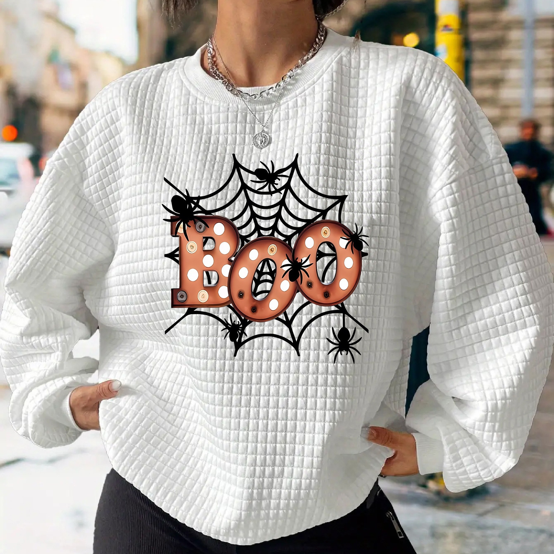 

1pc Women's Casual Crew Neck Sweatshirt With , Polyester Knit Pullover, Long Sleeve, Regular Length, For Autumn/