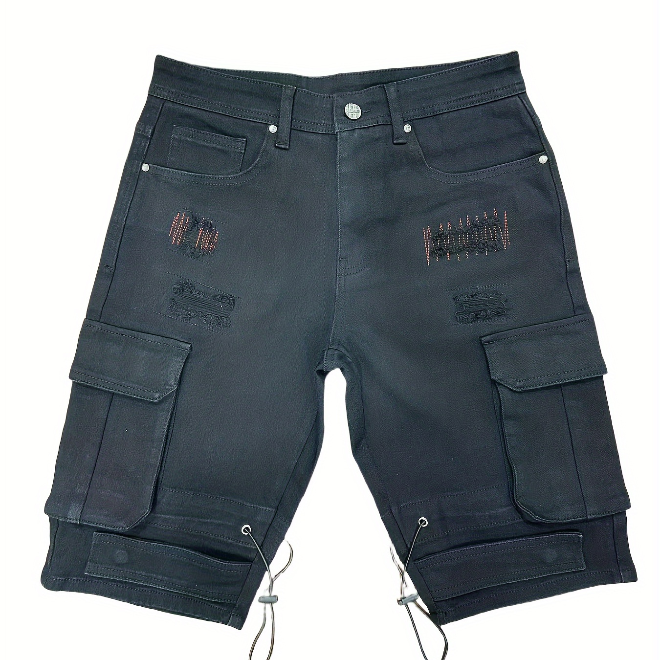 

Men's Casual Cargo Shorts, Multi-pocket Design, Solid Black With Loop Details, Comfort Fit, Zip Fly – R911506-bl-e7
