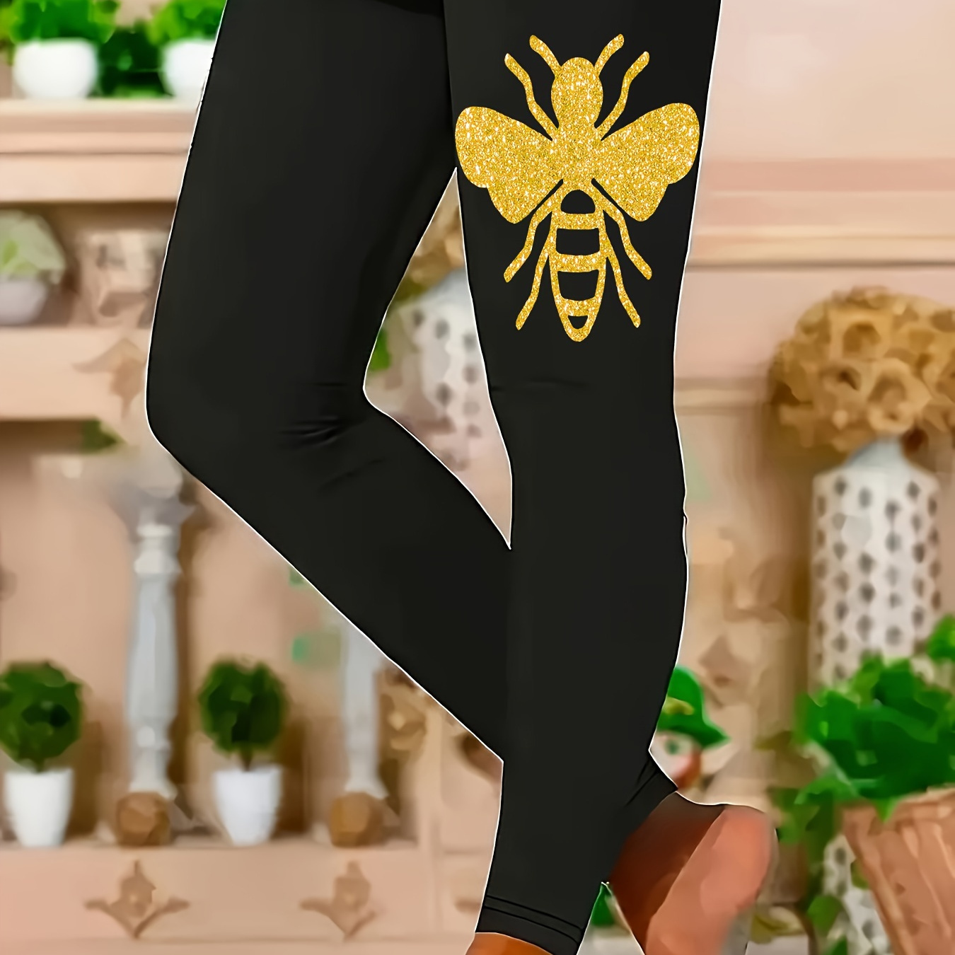 

Plus Size Women's Casual Leggings With - High-waisted, Stretchy Polyester-spandex , Fit, Machine Washable, Black With Golden Glitter Detail, Plus Size Pants