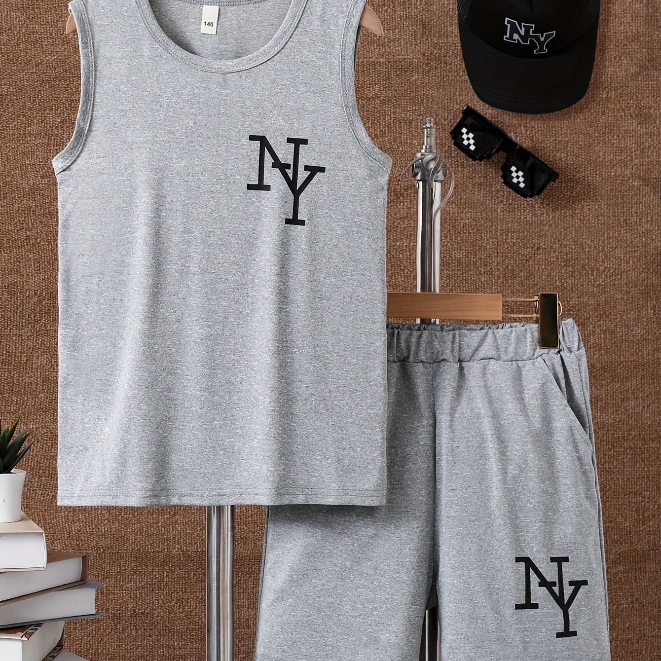 

2pcs Letter Print Boys Creative Sleeveless Tank Tops&shorts&cap Set, Casual Vest&shorts, Boys Clothing