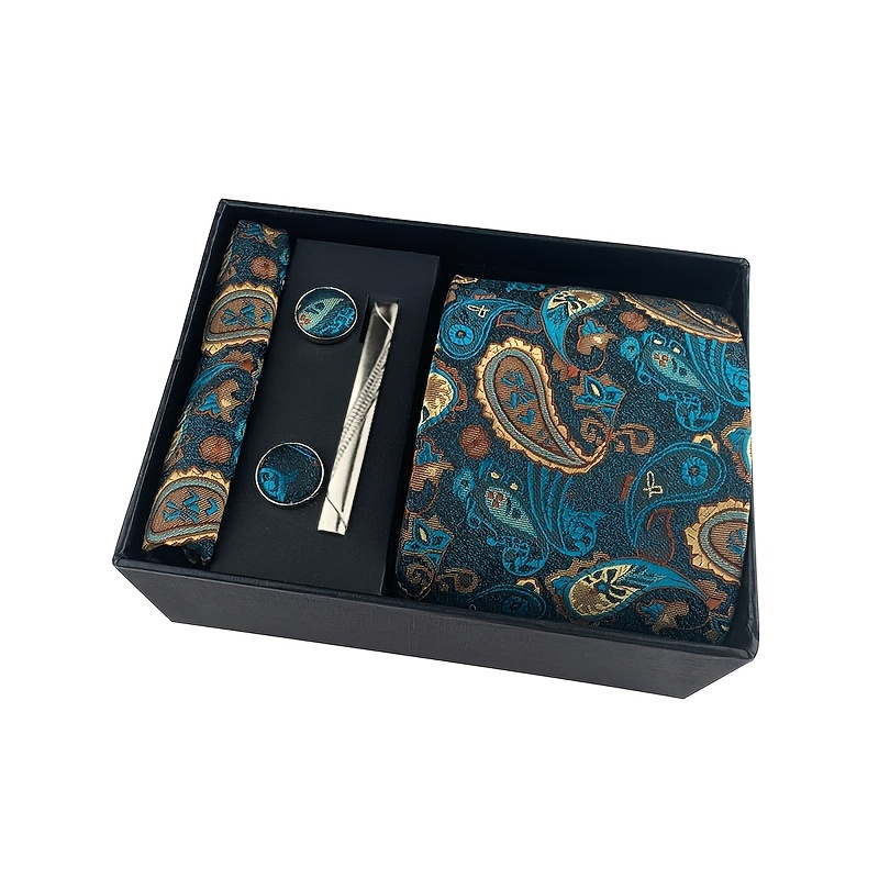 

Men's Paisley Casual Tie 5 Piece Set Including Tie Square Scarf Cufflinks Tie Clip Black Gift Box