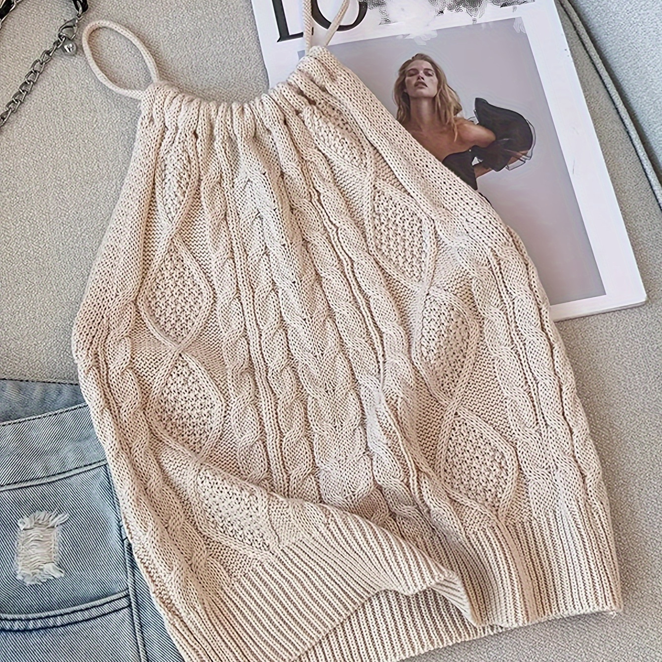 

Solid Cable Knit Tied Halter Top, Vacation Backless Top For Spring & Summer, Women's Clothing