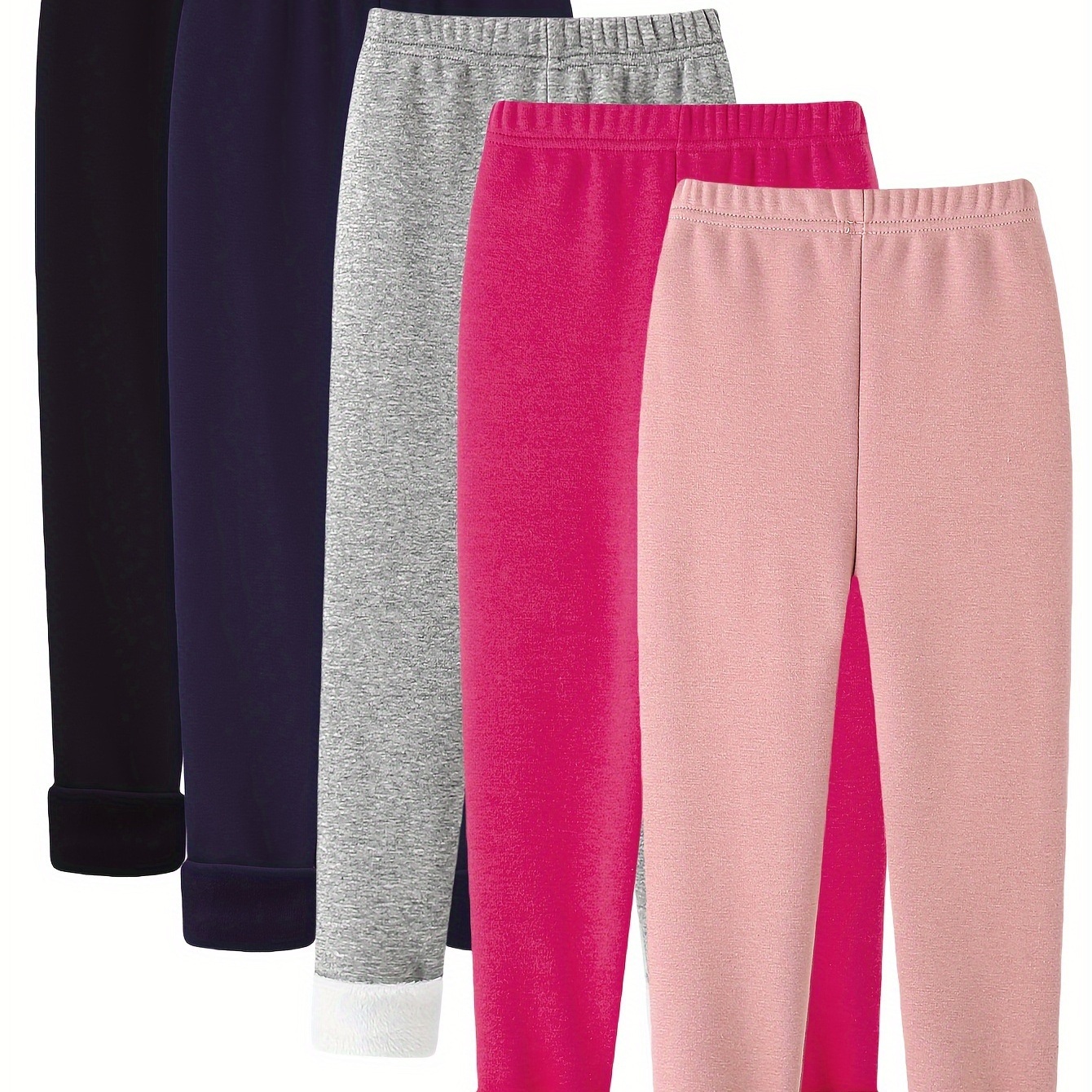 

Girls 5pcs/set Warm & Comfy & Casual Solid Colored Fleece Leggings For Fall & Winter Daily Wear