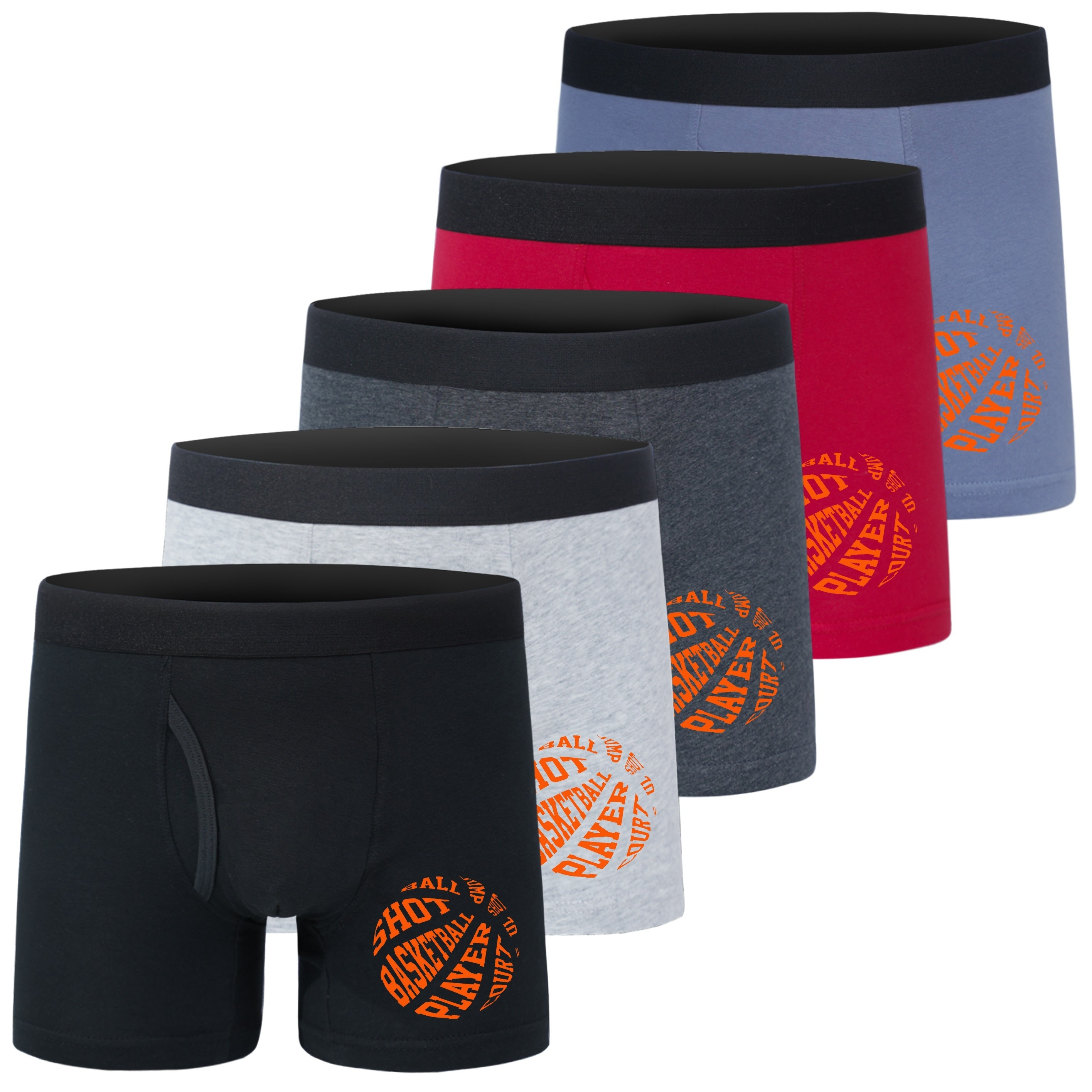 

Lot De 5 Caleçons Boxers Tendance Pour Garçons Et Adolescents, Avec Impression De Lettres De Basketball, En Coton Stretch 95% Pour Un Confort Respirant Et Agréable, Adapté Aux Enfants Et Aux Jeunes.