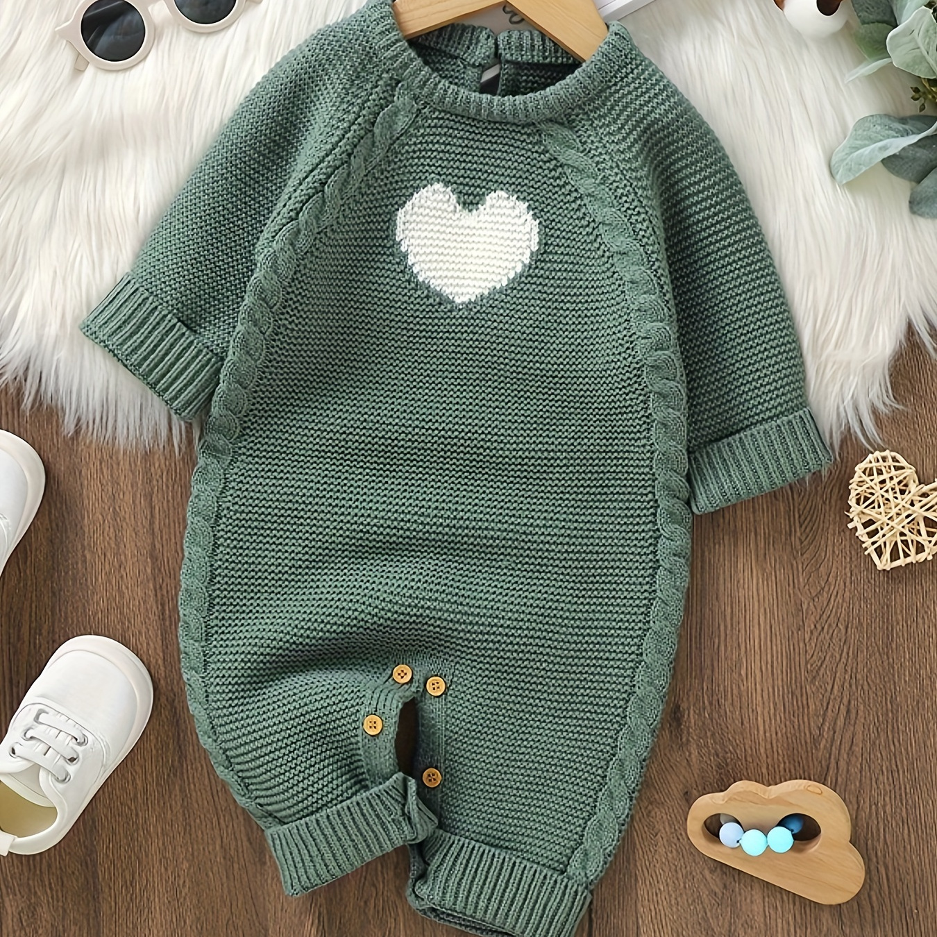 

Baby Boy's Heart Jacquard Cable Knit Bodysuit, Comfy Long Sleeve Onesie, Infant's Clothing, As Gift