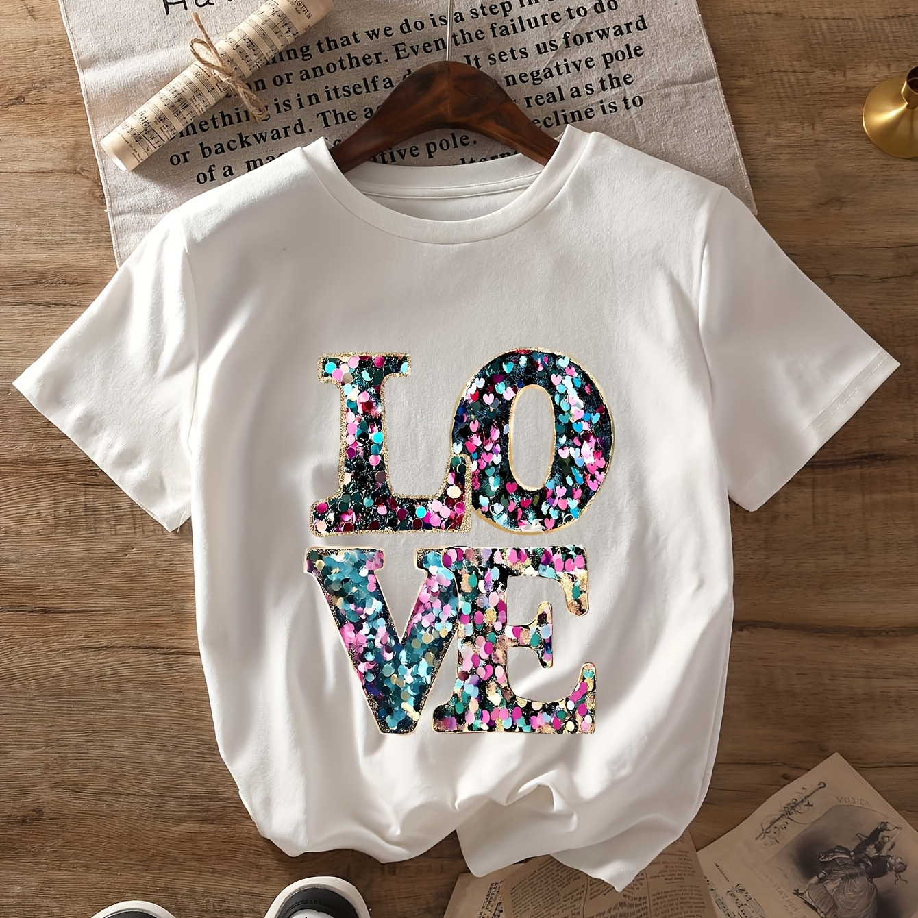 

Women's "love" Sequin Graphic Tee - Casual Gray Crew Neck Short Sleeve Top, Polyester , , Machine Washable