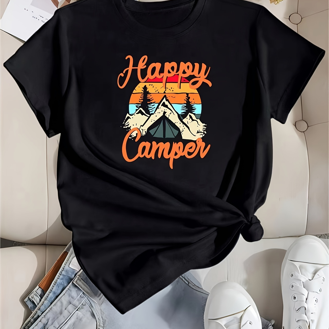 

Happy Camper Print Round Neck Sports T-shirt, Short Sleeve Running Casual Tops, Women's Activewear