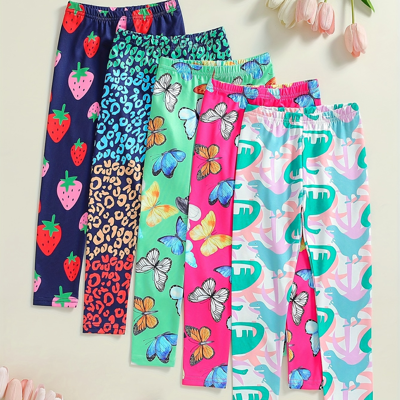 

5pcs Girls Casual Slim Cartoon Graphic Leggings Set For Outdoor Gift Spring Fall