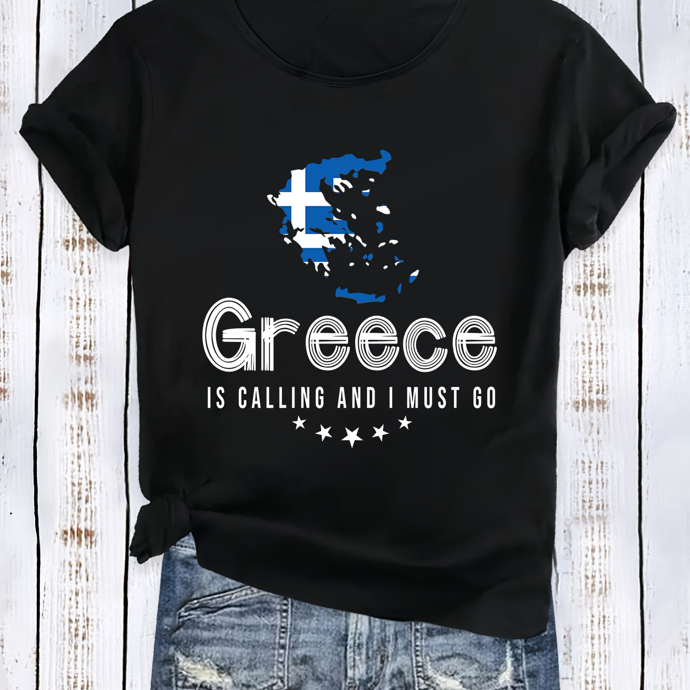 

Map Print Soft Polyester T-shirt For Women, Casual Round Neck