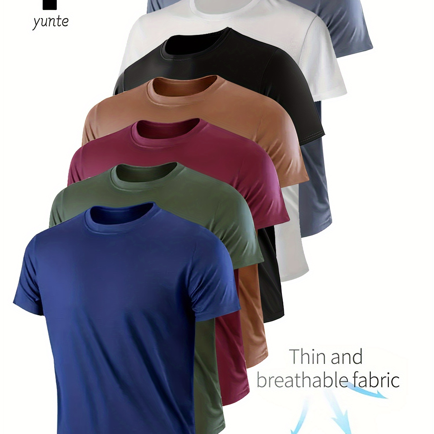 

7pcs Men's Quick-dry Athletic T-shirts - Breathable, Moisture-wicking Crew Neck Tees For Gym, Running & Outdoor Activities - In Navy, Army Green, Burgundy, Khaki, Black, White, Gray