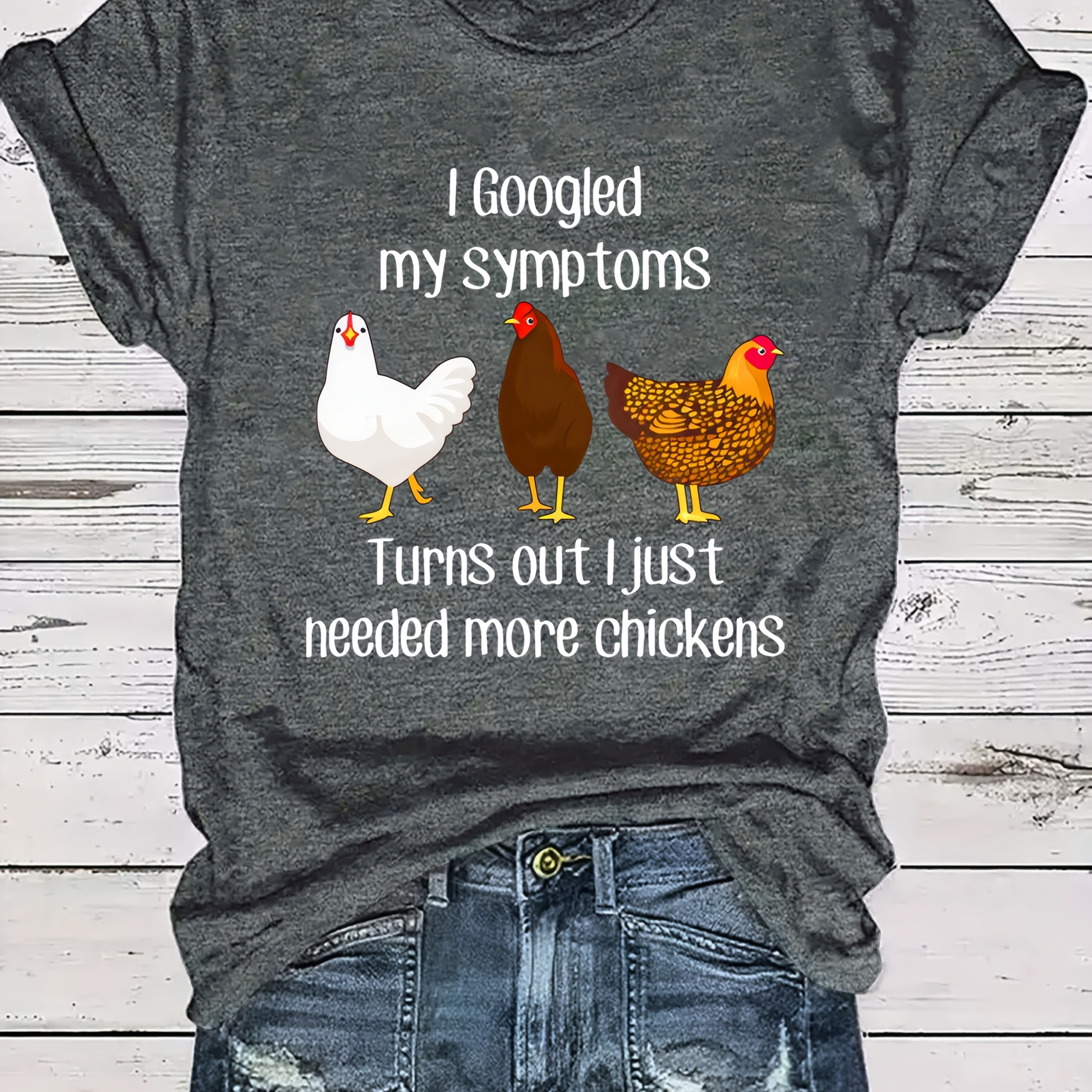 

Chicken Letter Printed Women's Casual T-shirt - Polyester, Crew Neck, Animal Pattern, Regular Length, Knit Fabric, Spring/summer