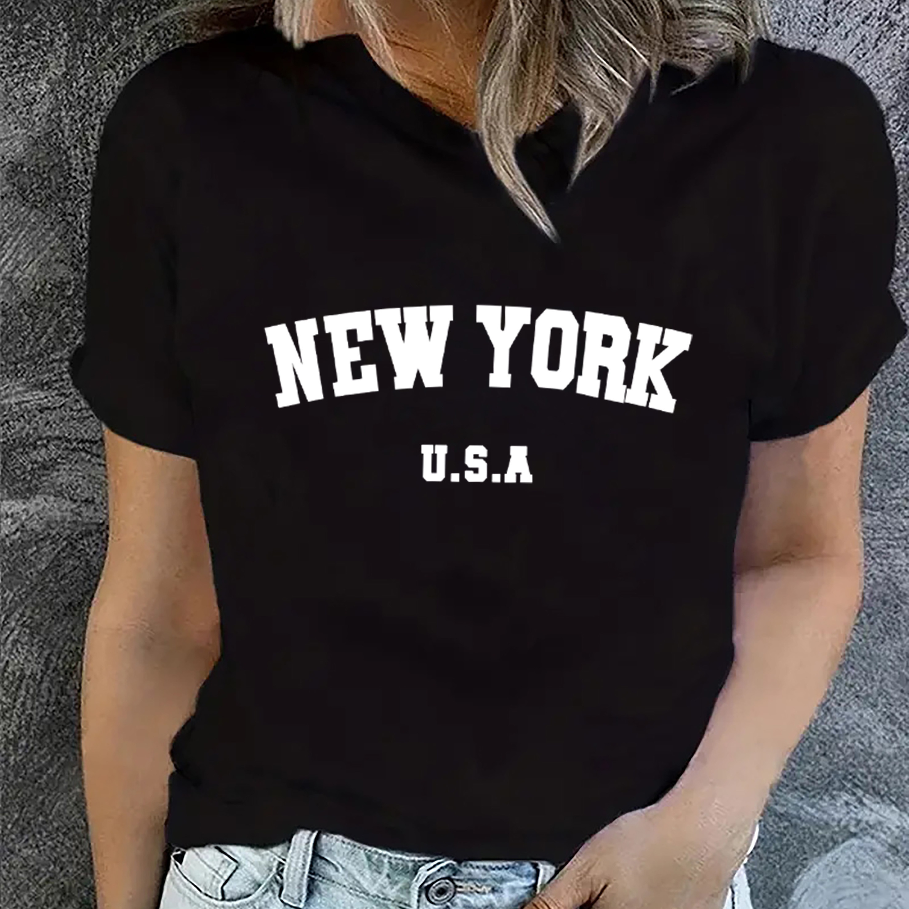 

New York Letter Print T-shirt, Casual Crew Neck Short Sleeve Top, Women's Clothing