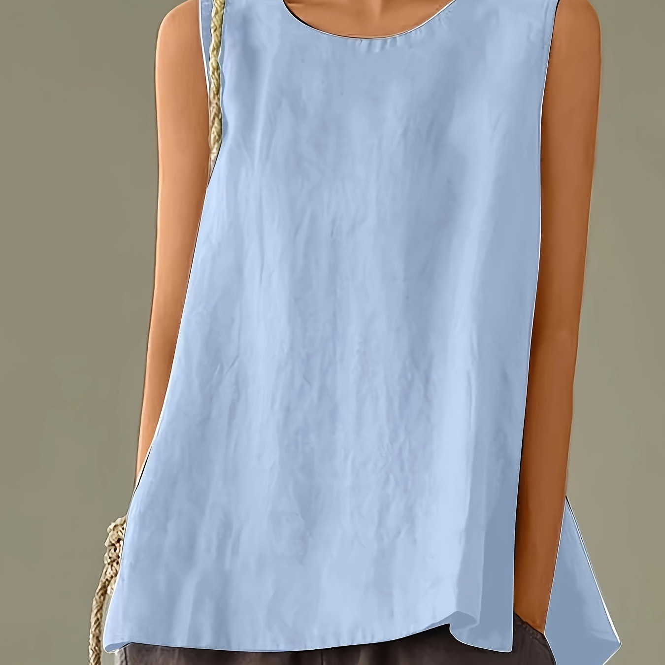 

Solid Color Crew Neck Blouse, Casual Sleeveless Top For Spring & Summer, Women's Clothing