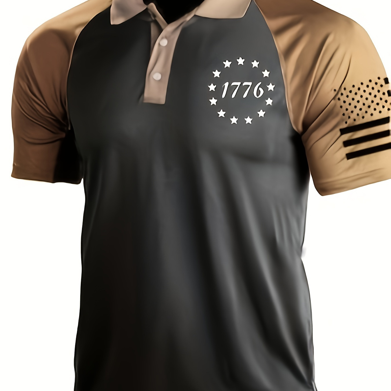 

Men's Slim Fit Shirt - Breathable Polyester, Casual V-neck Short Sleeve With "1776" Graphic & American , Black & Geometric Pattern, Summer Golf &