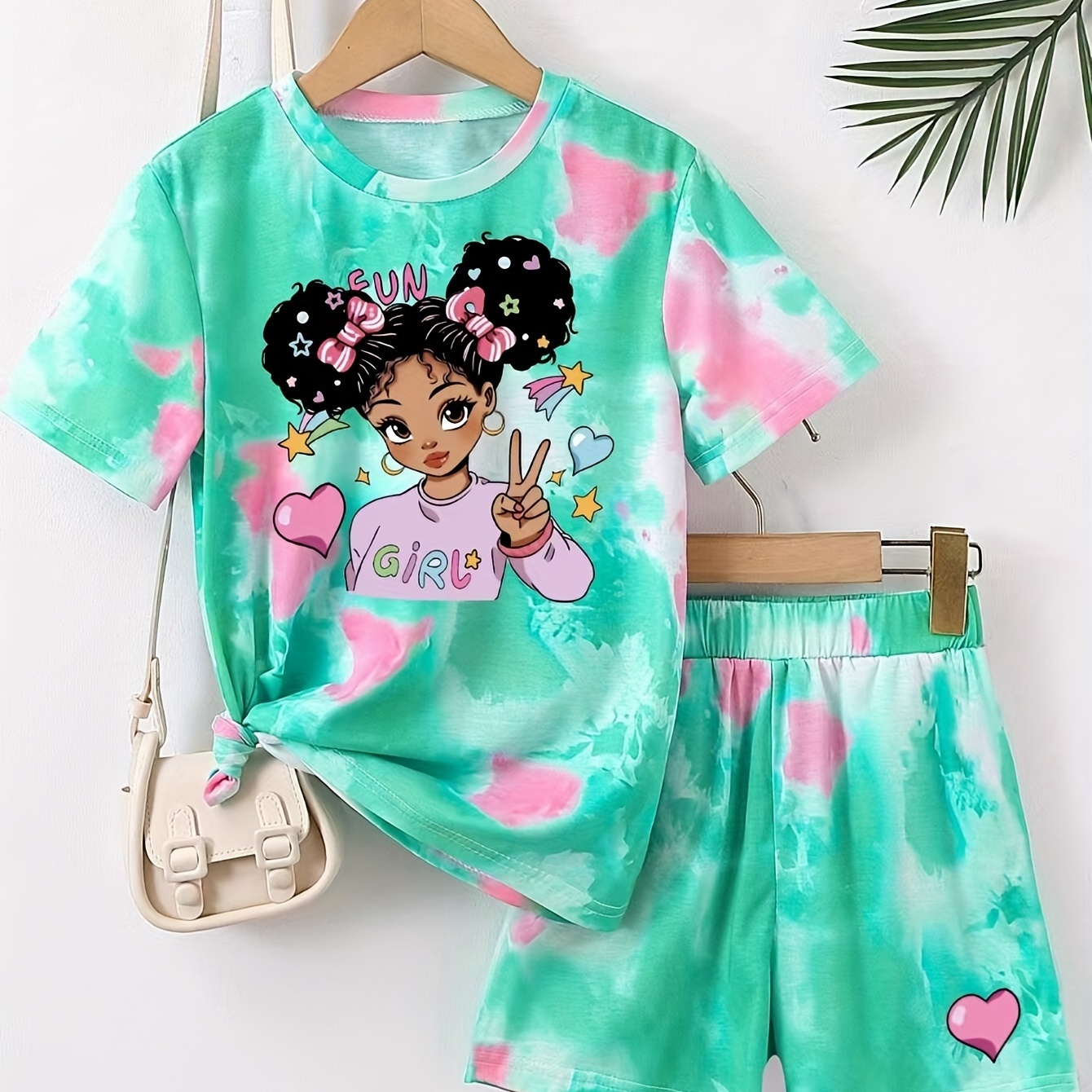 

2 Pcs Green Tie Dye Figure Print Short Sleeve Top + Shorts Co-ords Set For Casual Outings, Girls Summer Outfit Clothes