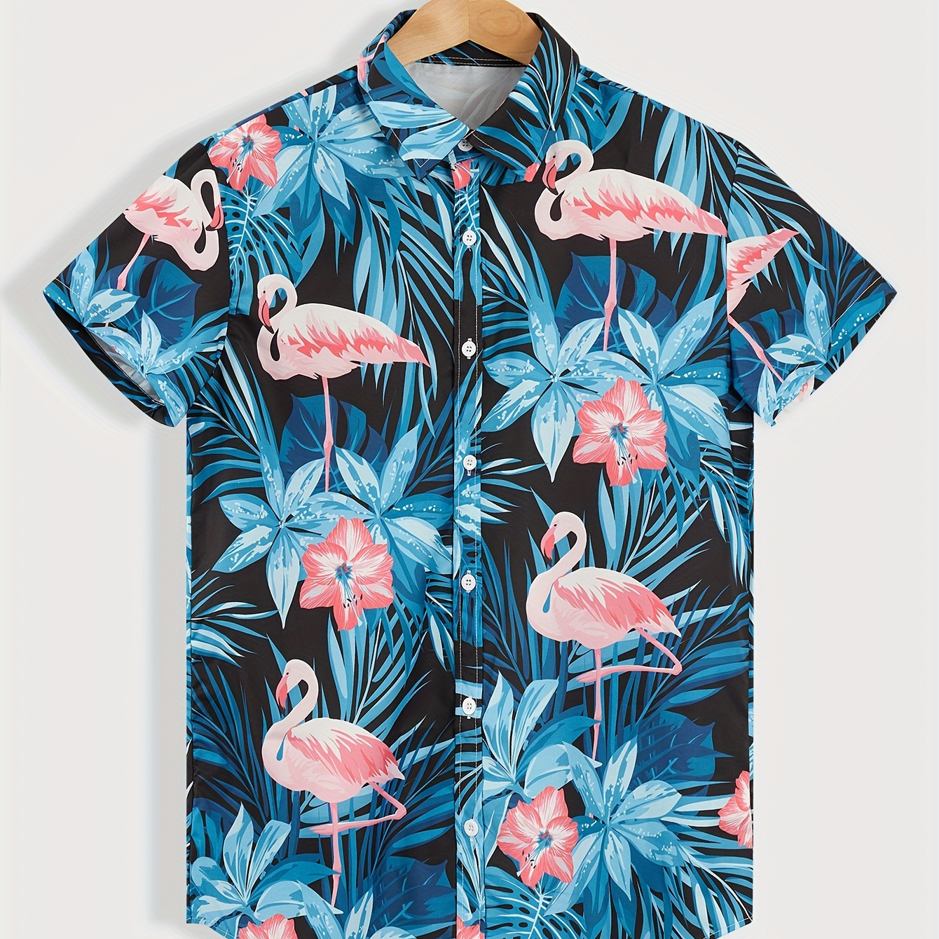 

Trendy Flamingo Print Men's Casual Short Sleeve Hawaiian Shirt, Men's Shirt For Summer Vacation Resort, Tops For Men, Gift For Men