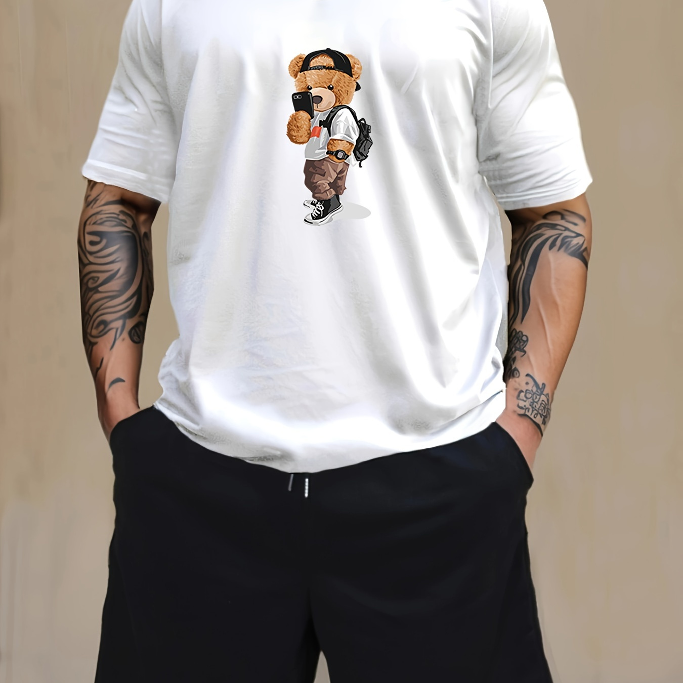 

Bear Print Men's Short Sleeve T-shirt & Drawstring Shorts 2pcs Casual Sports Regular Tee Top Pants Suit Outfits For Spring Summer, As Gifts