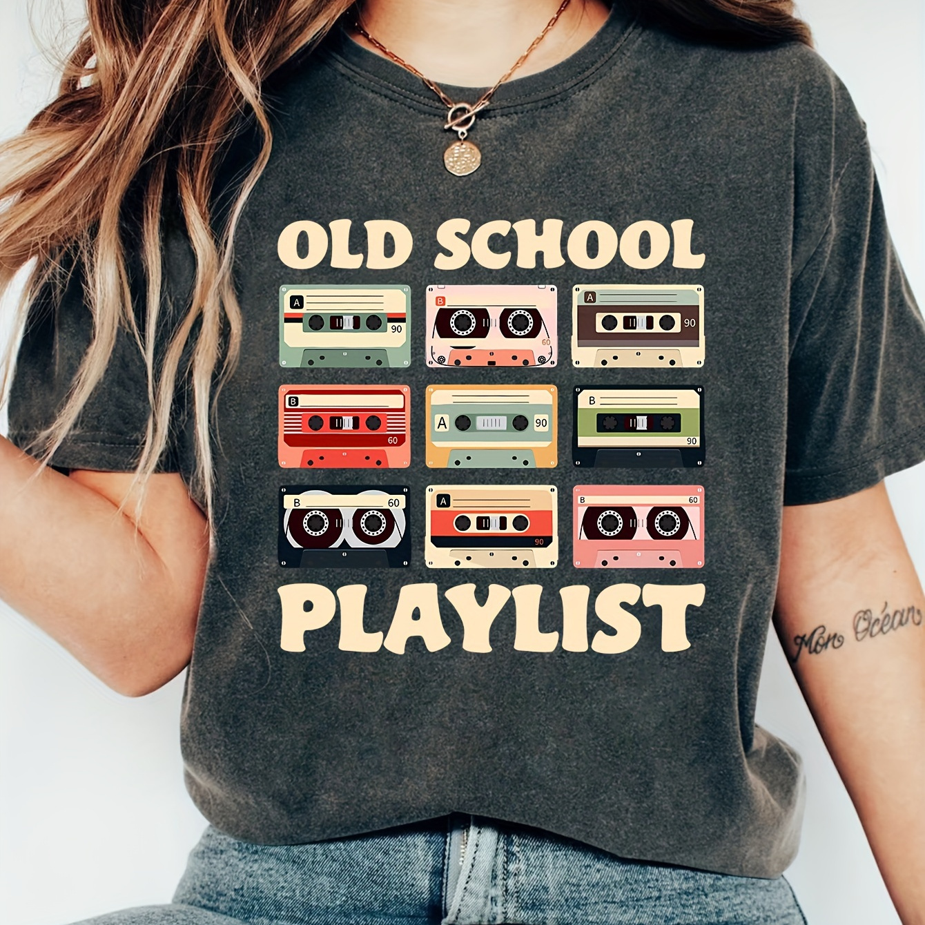 

Old School Playlist Print Crew Neck T-shirt, Short Sleeve Casual Top For Spring & Summer, Women's Clothing