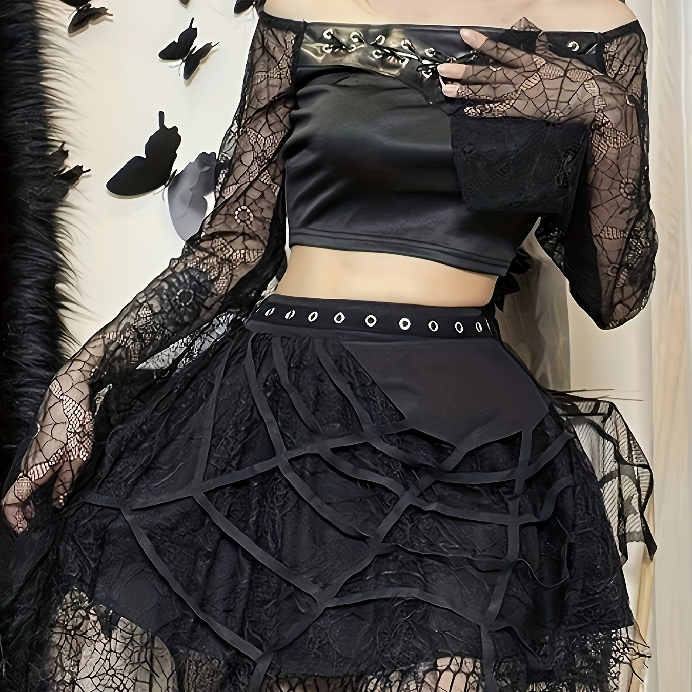 

Hollow Out Mesh Layered Skirt, Gothic High Waist Swing Skirt For Spring & Summer, Women's Clothing