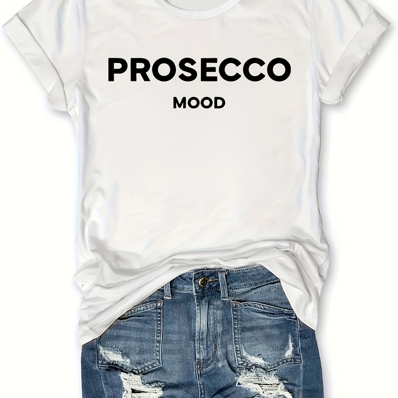 

T-shirt Prosecco Mood imprimé, haut décontracté à col rond à manches courtes pour l'été et , vêtements pour femmes