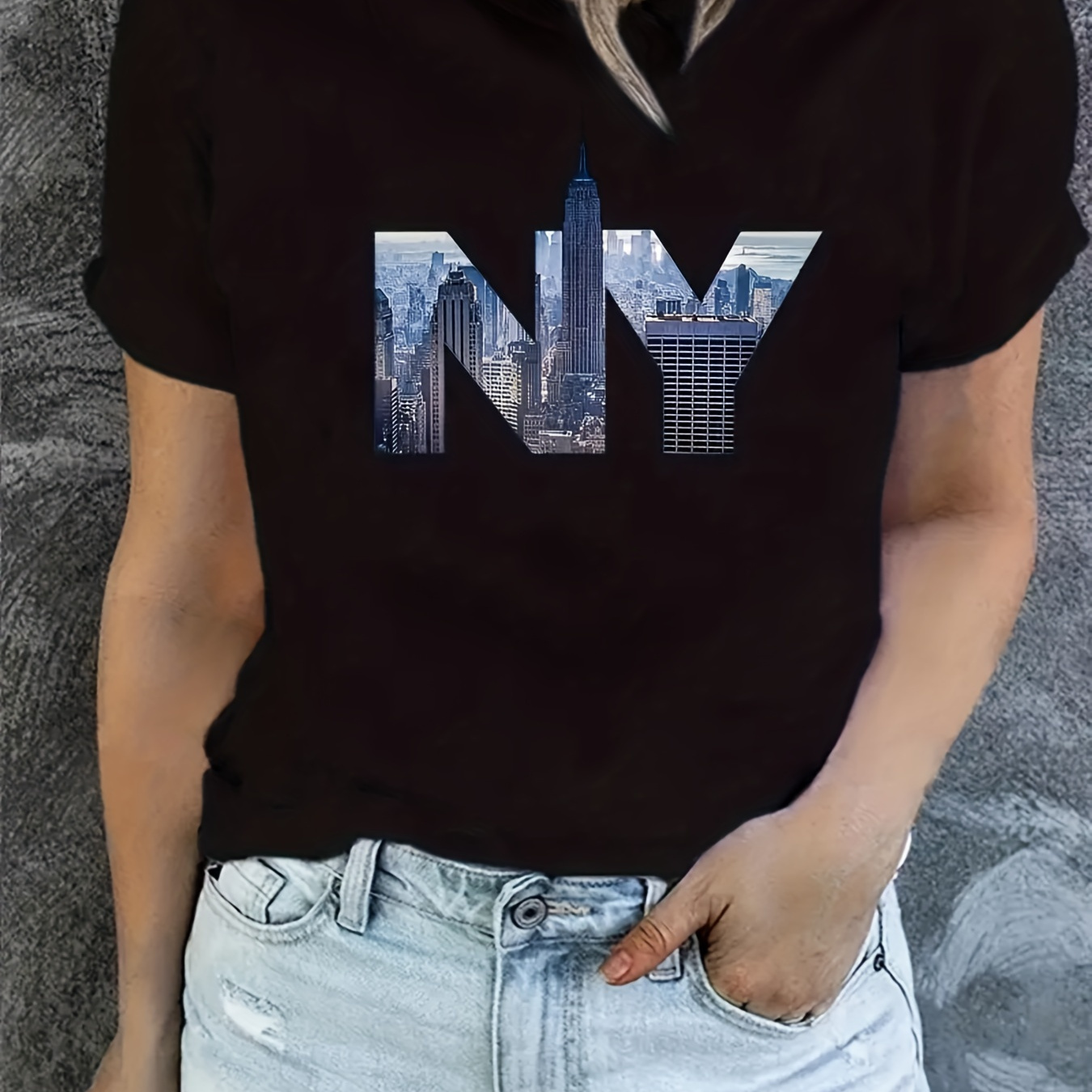 

Plus Size Letter Ny Print T-shirt, Casual Short Sleeve Top For Spring & Summer, Women's Plus Size Clothing