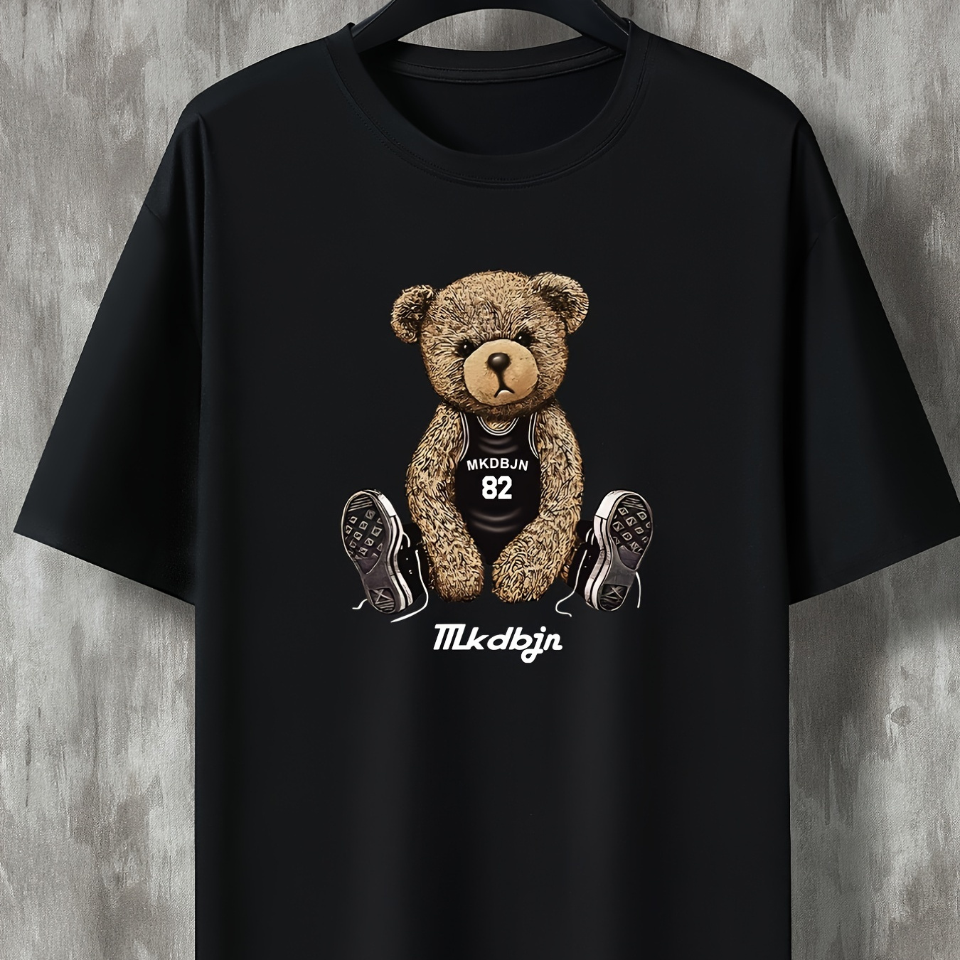 Tees For Men, Denim Teddy Bear Print T Shirt, Casual Short Sleeve