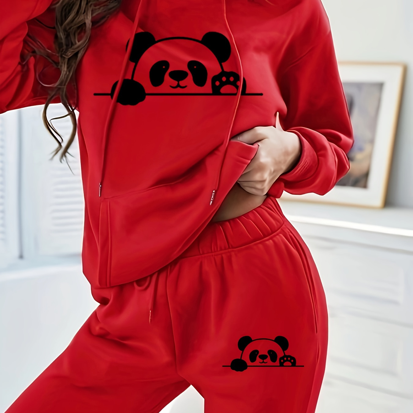 

2 Piece Set, Drawstring Kangaroo Pocket Sweatshirt & Drawstring Waist Fitted Bottom Pants Outfits, Women's Clothing