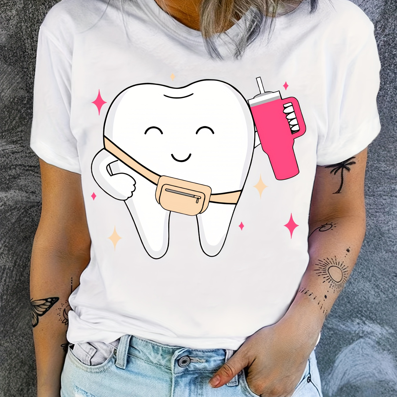 

Fun Dental Print T-shirt For Women - Casual Crew Neck, Soft Polyester , Machine Washable - Summer
