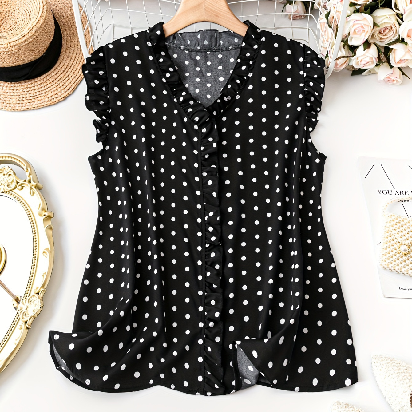 

Plus Size Polka Dot Print Blouse, Casual V Neck Ruffle Sleeve Blouse For Summer, Women's Plus Size clothing